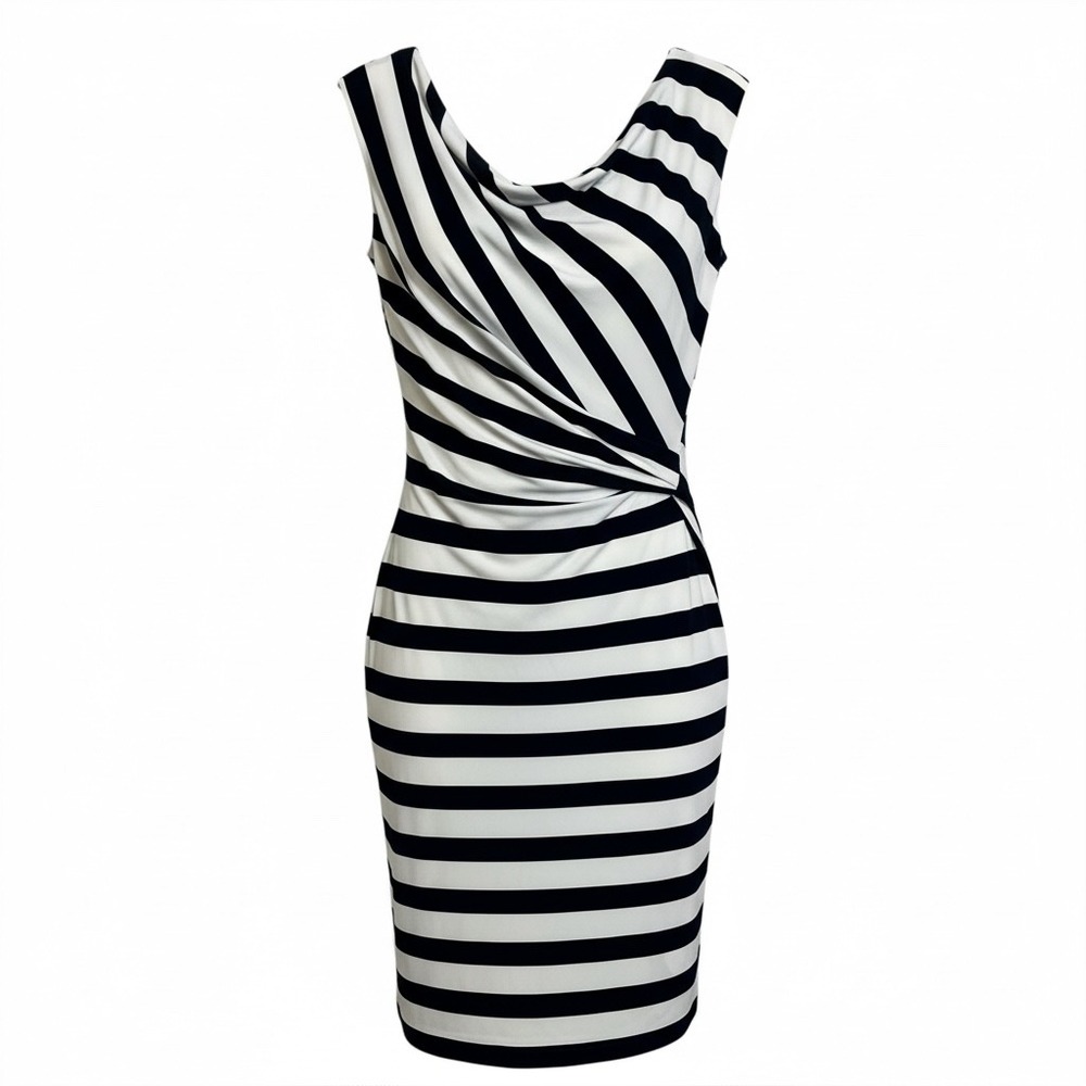 Lauren Ralph Lauren Navy White Striped Draped Neck Sheath Dress Size 4